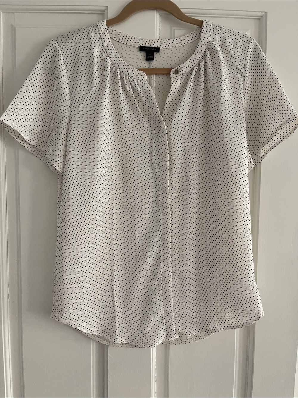 Ann Taylor White Blouse with Black Dot Print size S